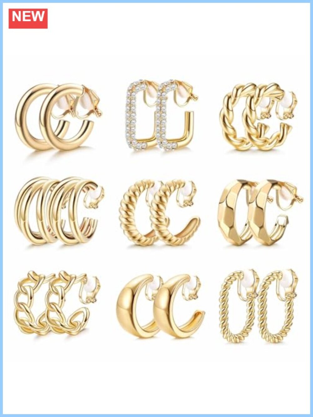 9 Pairs Clip On Earrings 14k Gold Plated Hoops Non Pierced Women Set